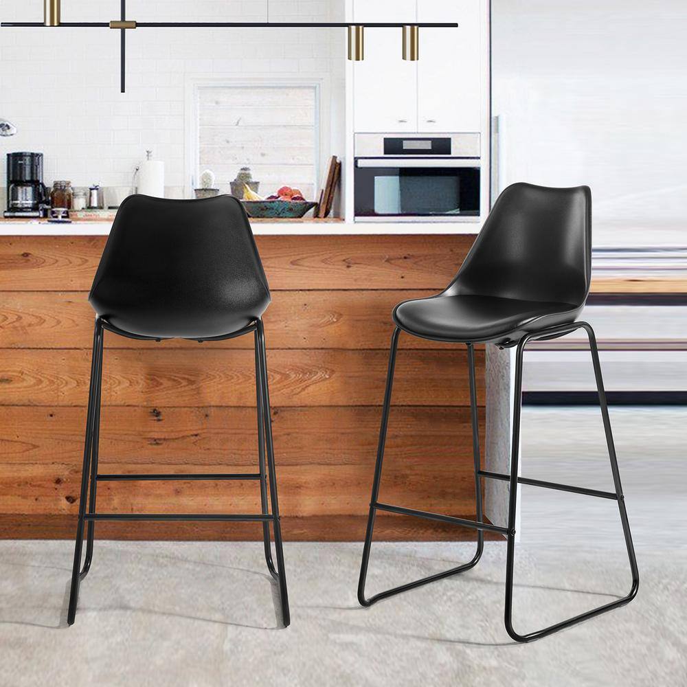 Russ 28 in. Black Low Back Metal Frame Bar Stool with Faux Leather Cushion Seat - Set of 2