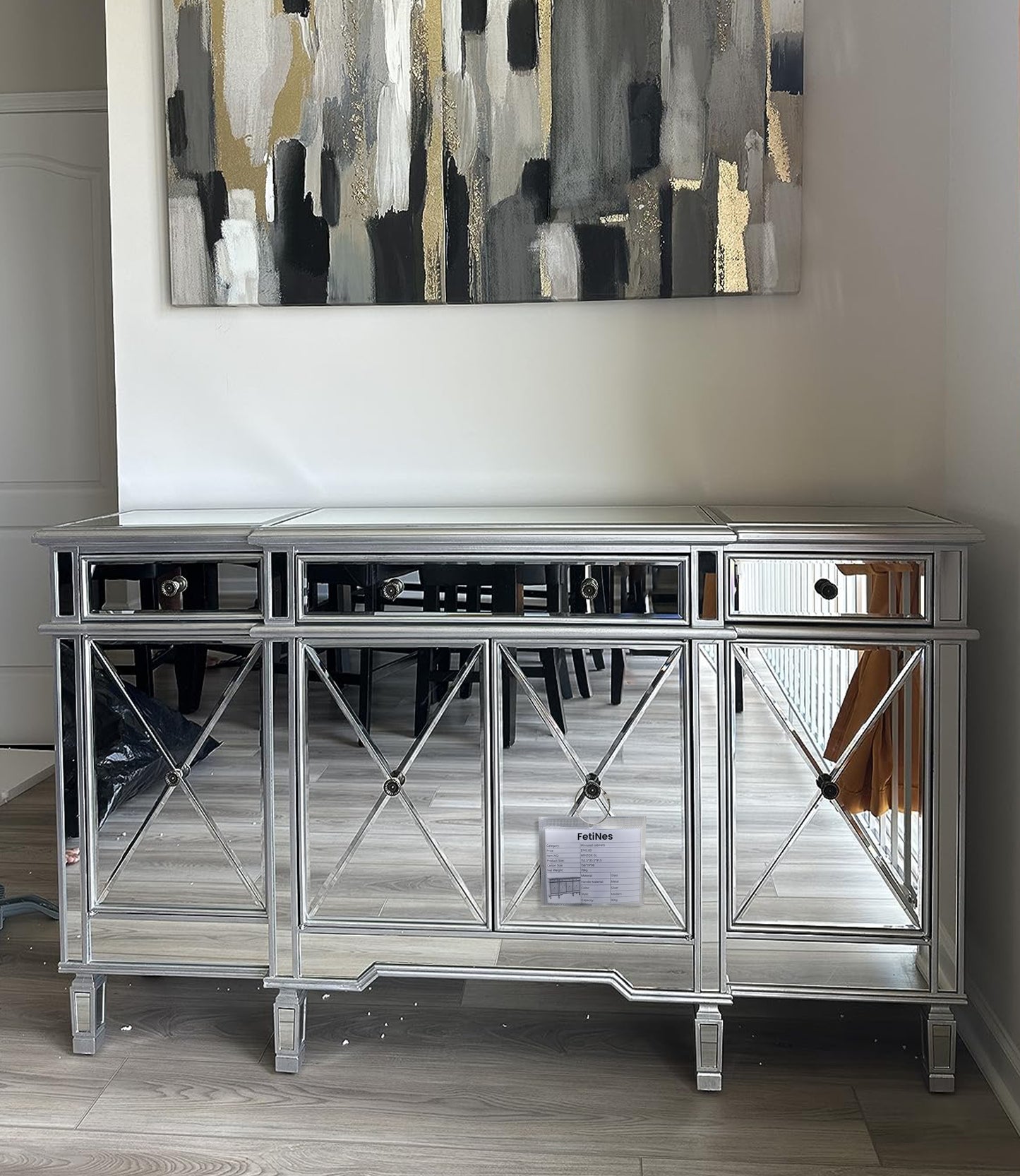 FetiNes 60" Silver Wood Frame Mirrored Storage Sideboard Buffet Cabinet