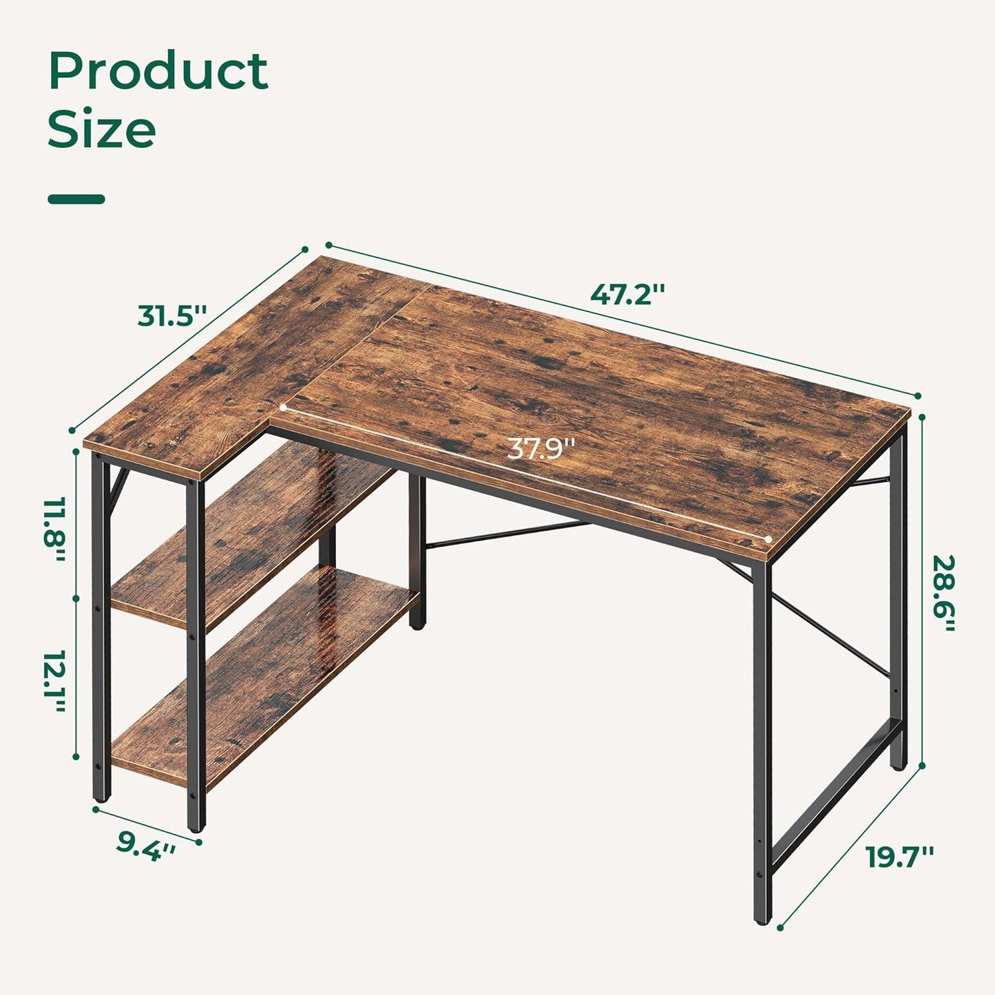 FetiNes 47 Inches L Shaped Desk Computer Desk with Reversible Storage Shelves