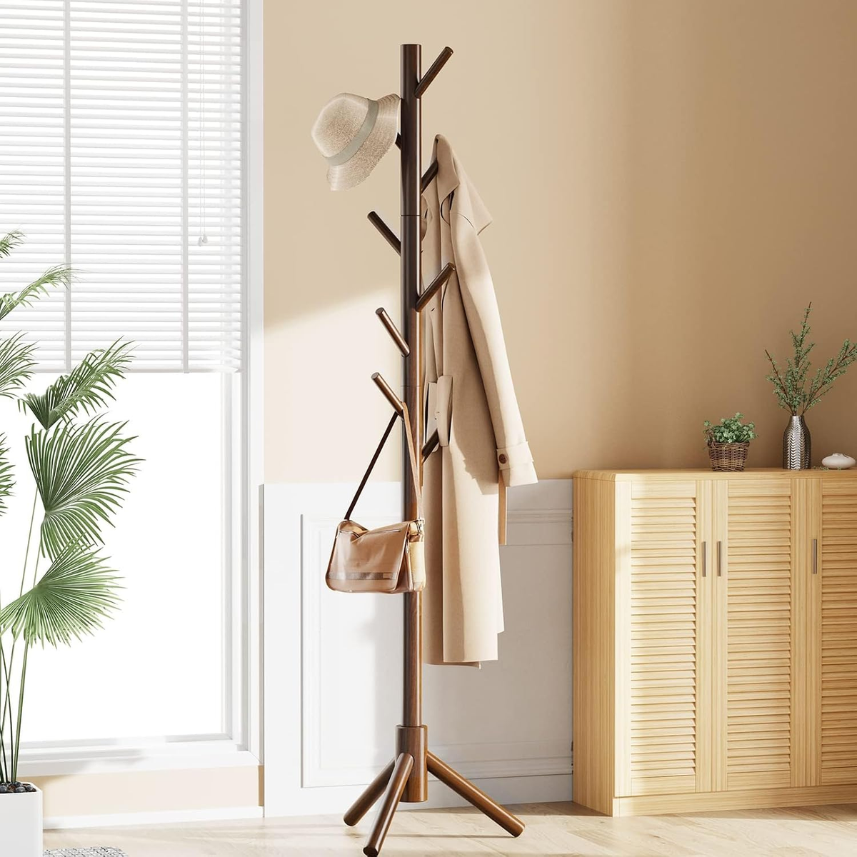 EGGREE Solid Wood Freestanding Coat Rack with 8 Hooks
