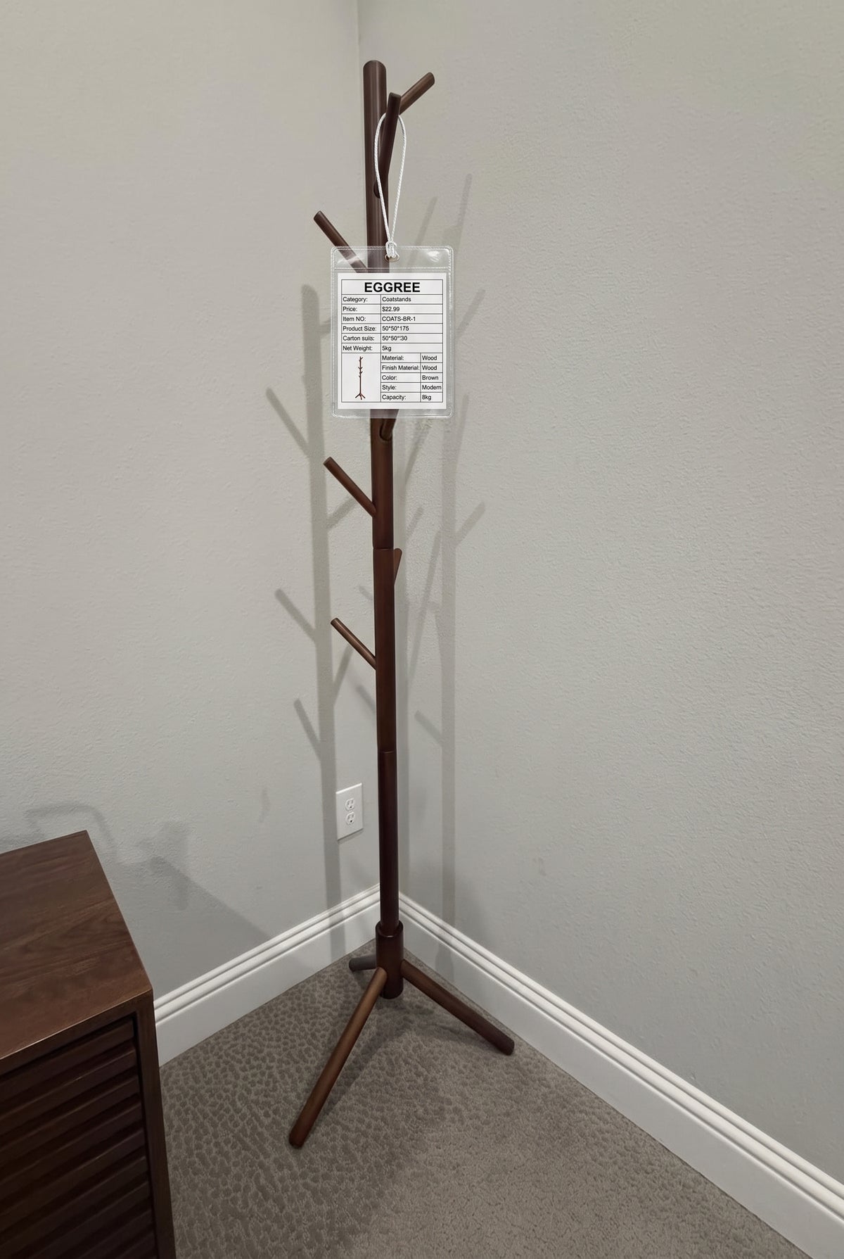 EGGREE Solid Wood Freestanding Coat Rack with 8 Hooks