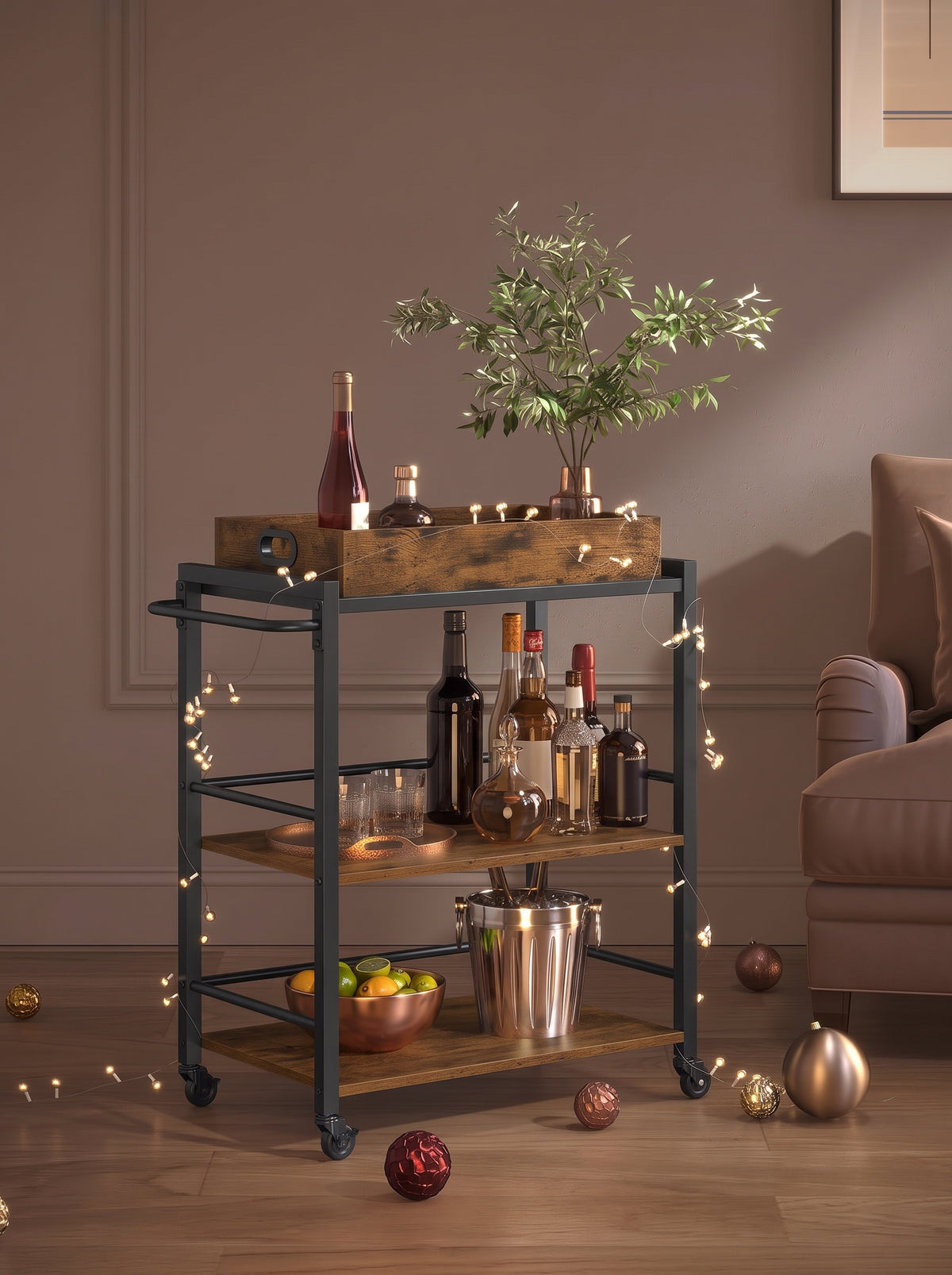 EGGREE Rolling Bar Cart with Wine Rack & Glass Holder
