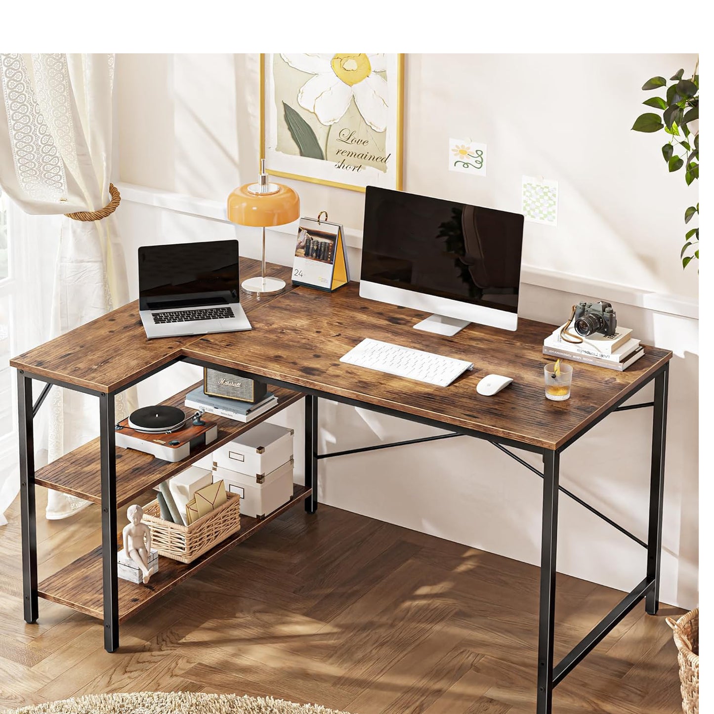 FetiNes 47 Inches L Shaped Desk Computer Desk with Reversible Storage Shelves