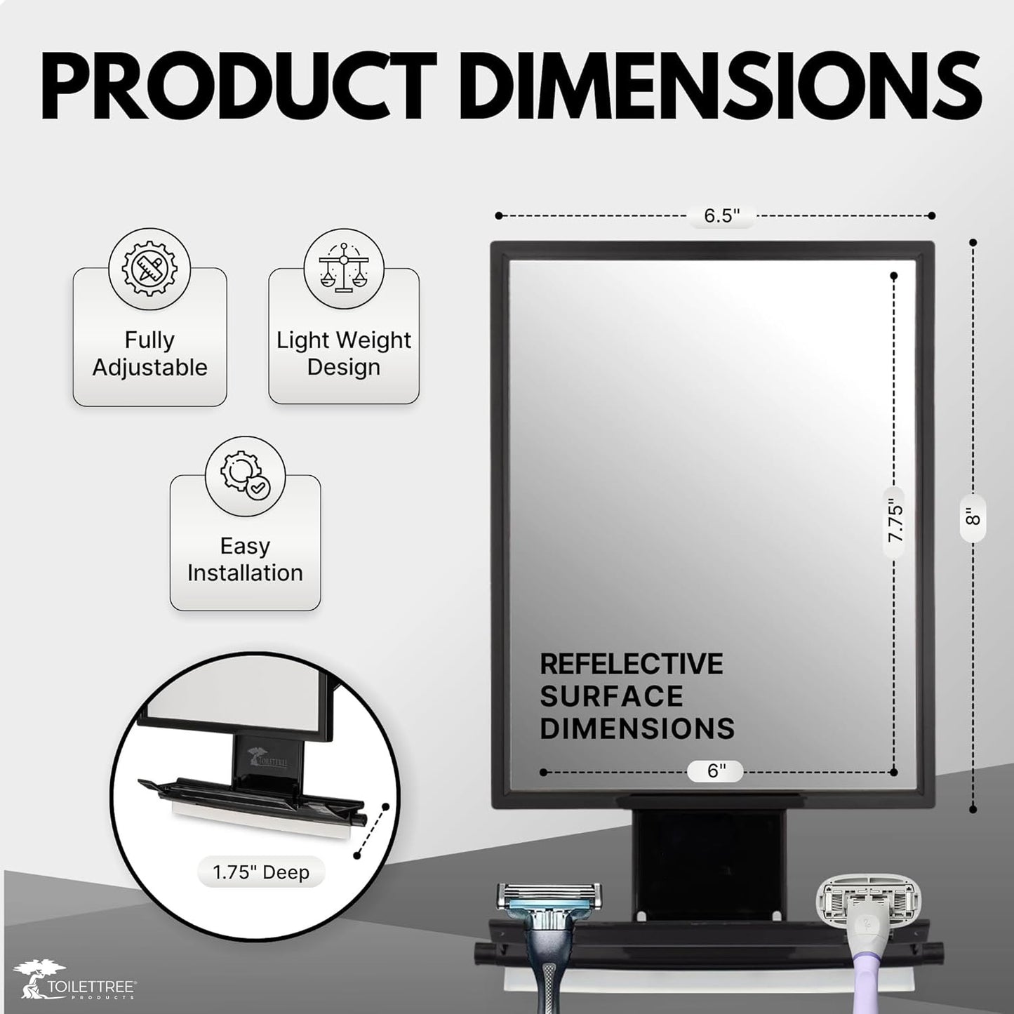 FetiNes Anti-Fog Shower Mirror - Adjustable Shaving Mirror with Rubber Scraper